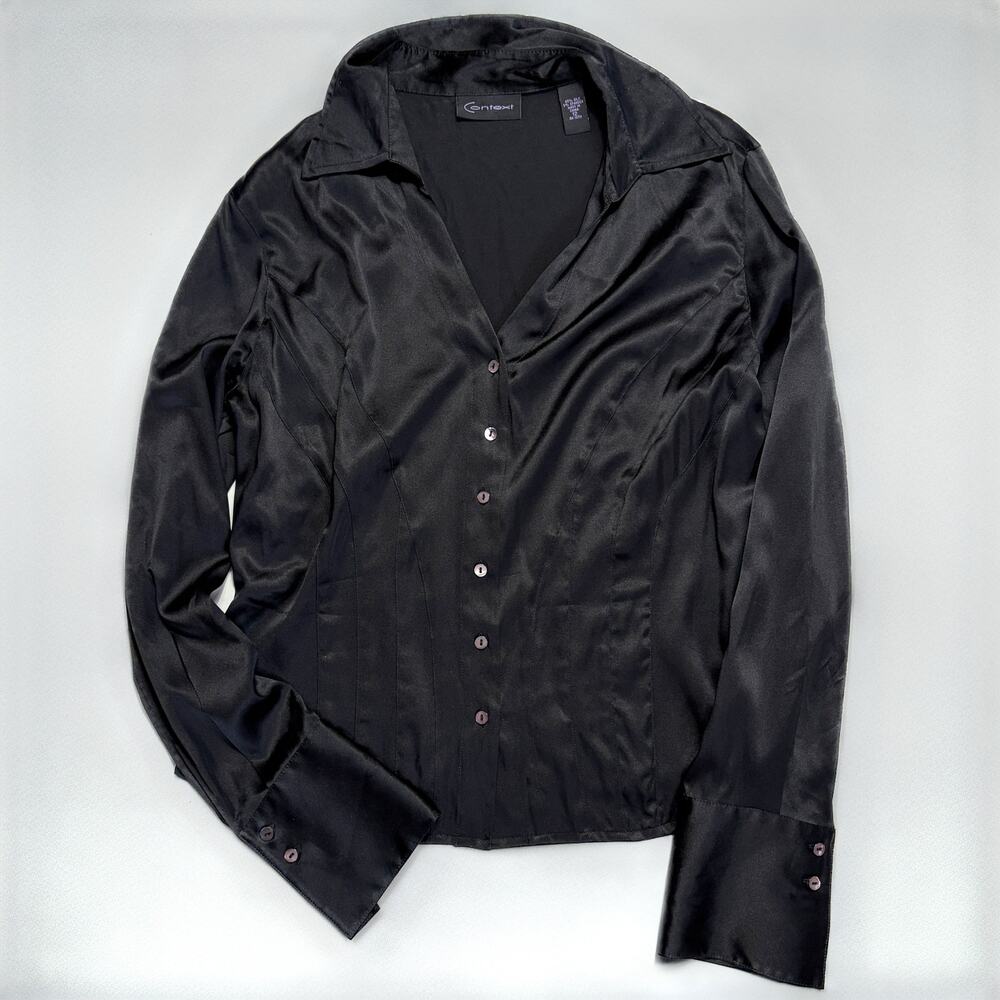 Vintage Y2K Context Silk Black Fitted Blouse Wide Cuff Shirt Size 12